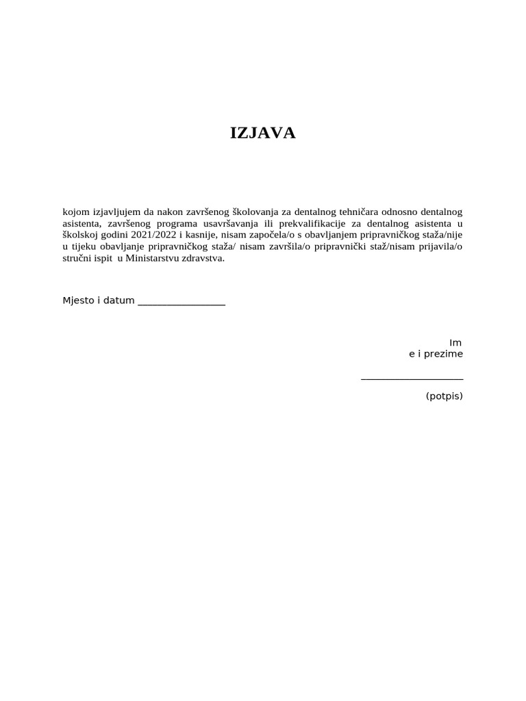 IZJAVA - Pripravnički Staž | PDF