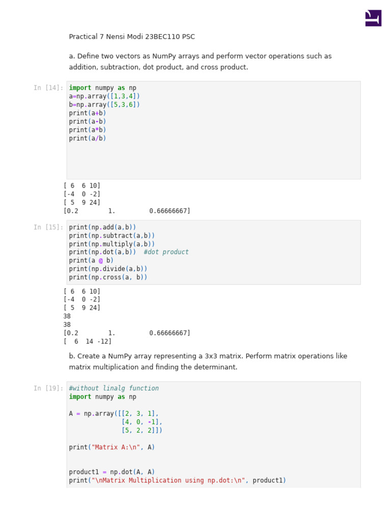 NumPy Vector and Matrix Operations | PDF