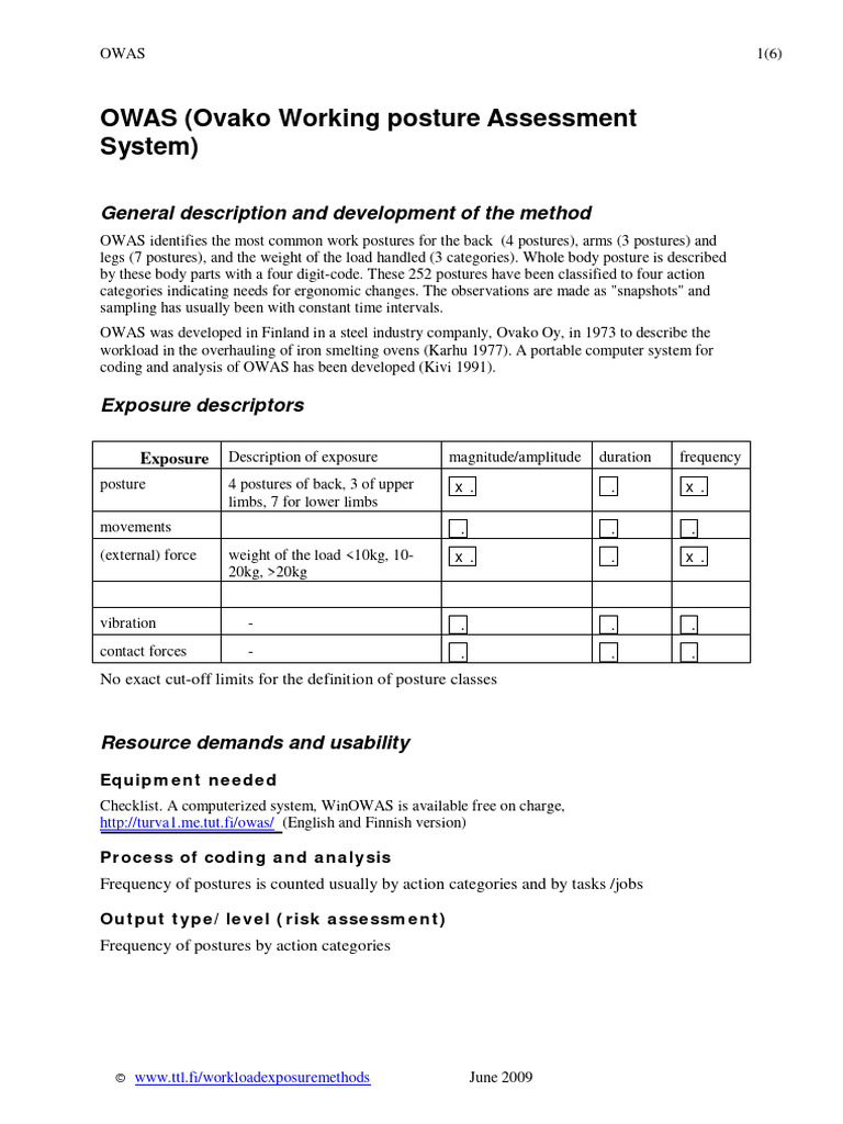 OWAS Method for Work Posture Assessment | PDF | Workplace