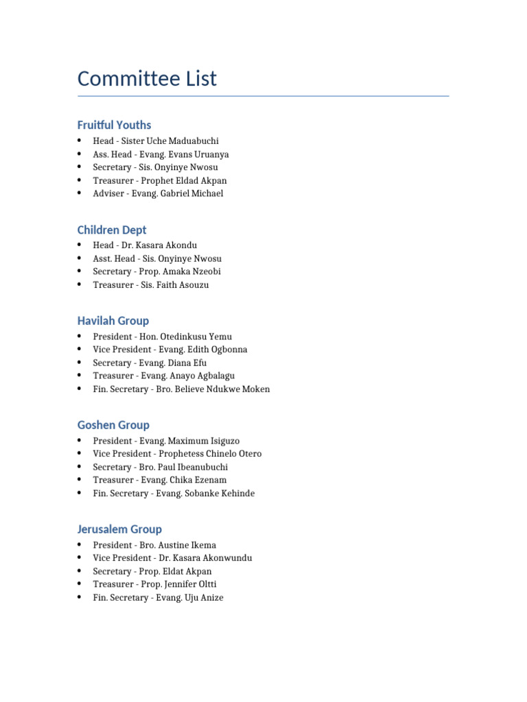 Church Committee Leadership Roles | PDF