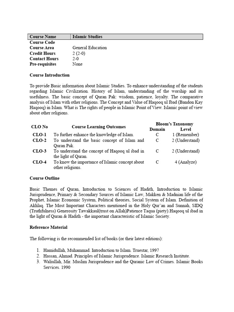 Islamic Studies Course Overview and Outline | PDF
