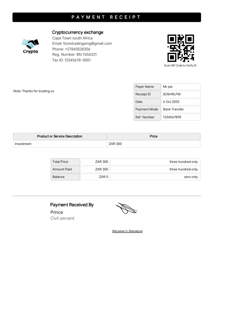 Cryptocurrency Payment Receipt ZAR 300 | PDF