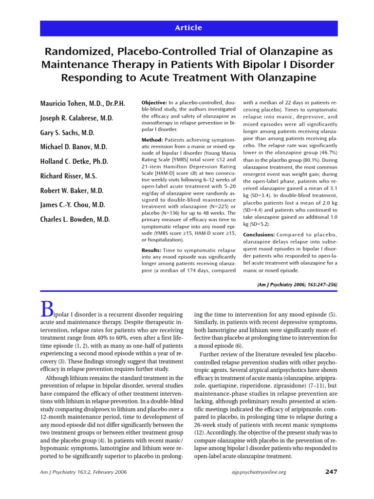 Tohen Et Al 2006 Randomized Placebo Controlled Trial of Olanzapine As ...