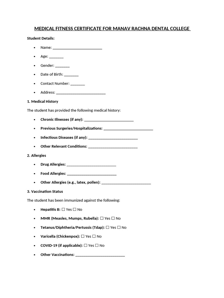 Medical Fitness For BDS 2025 Batch | PDF