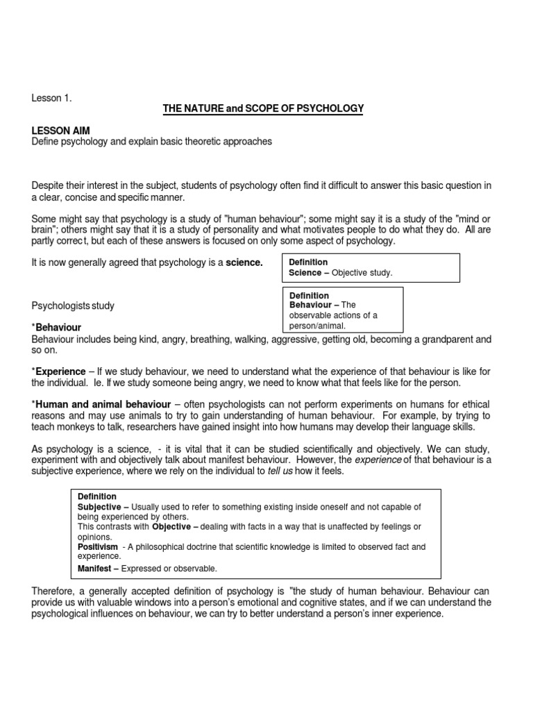 The Nature and Scope of Psychology Lesson Aim: Observable Actions of A ...