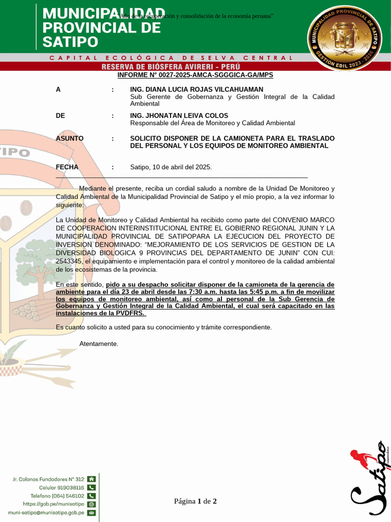 Informe N 27 Solicito Disponer de La Camioneta para El Traslado Del ...