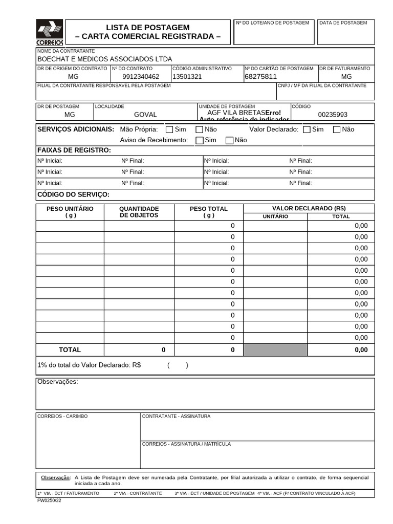 Lista de Postagem - Carta Comercial Registrada | PDF