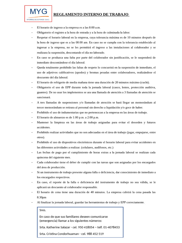 Reglamento Interno de Trabajo | PDF