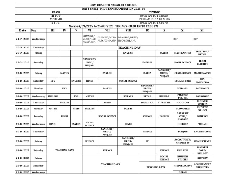 Mid Term Exam Date Sheet 2025 | PDF | Science