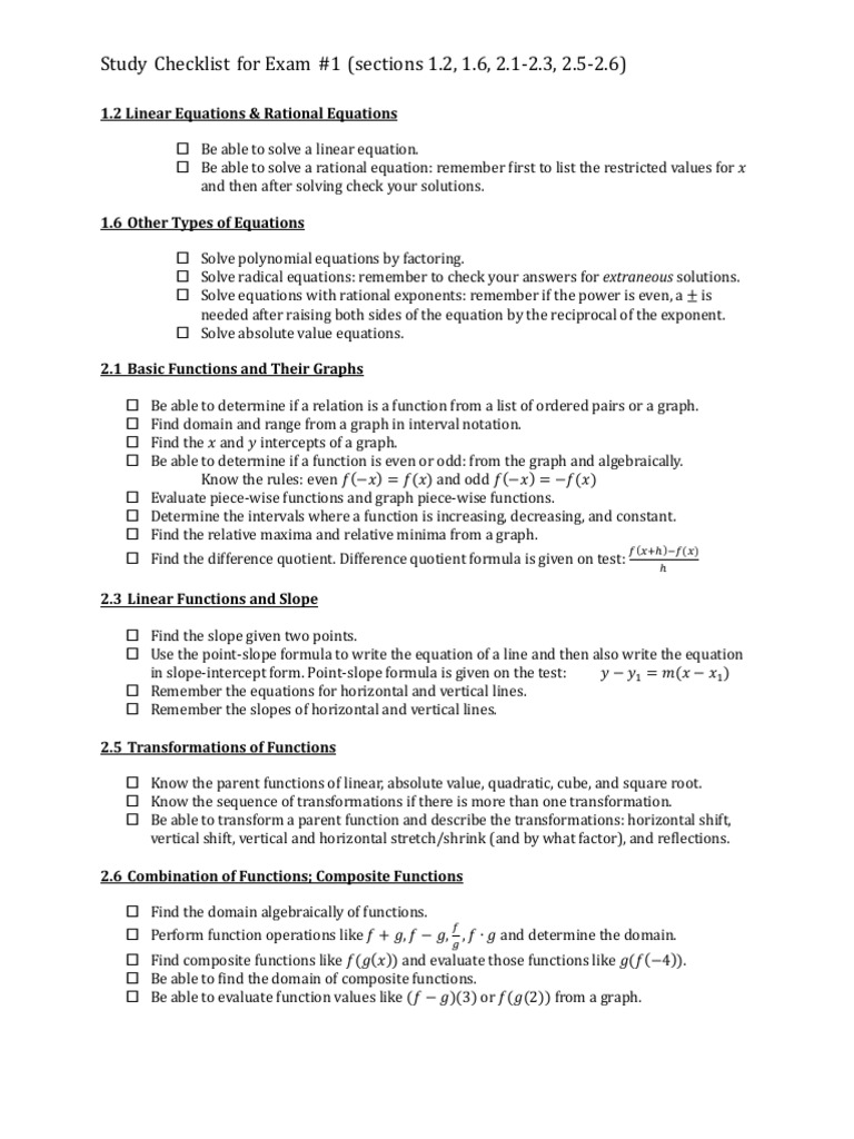 MATH 1314 Exam #1 Study Checklist | PDF | Equations | Function ...