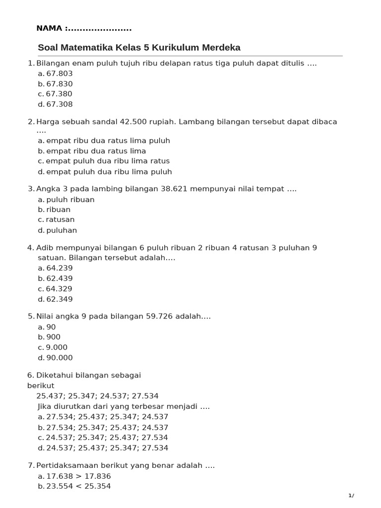 Soal Matematika Kelas 5 Kurikulum Merdeka | PDF