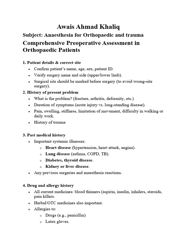 Preoperative Assessment for Orthopaedic Anaesthesia | PDF | Anesthesia ...