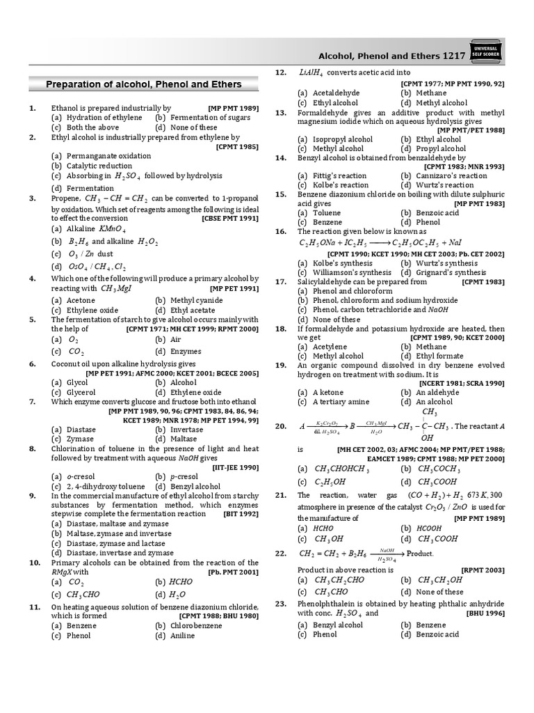 02 Alcohol, Phenol and Ether Que. Final E 1 - 32858780 | PDF | Ether ...