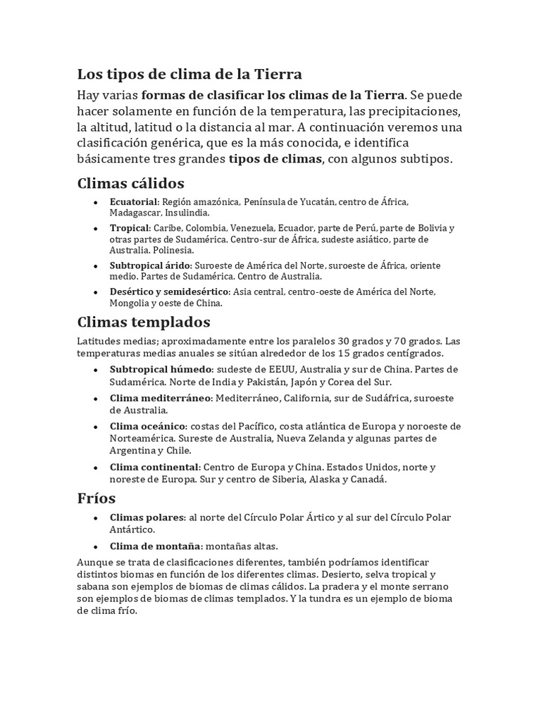 Los Tipos de Clima de La Tierra | PDF