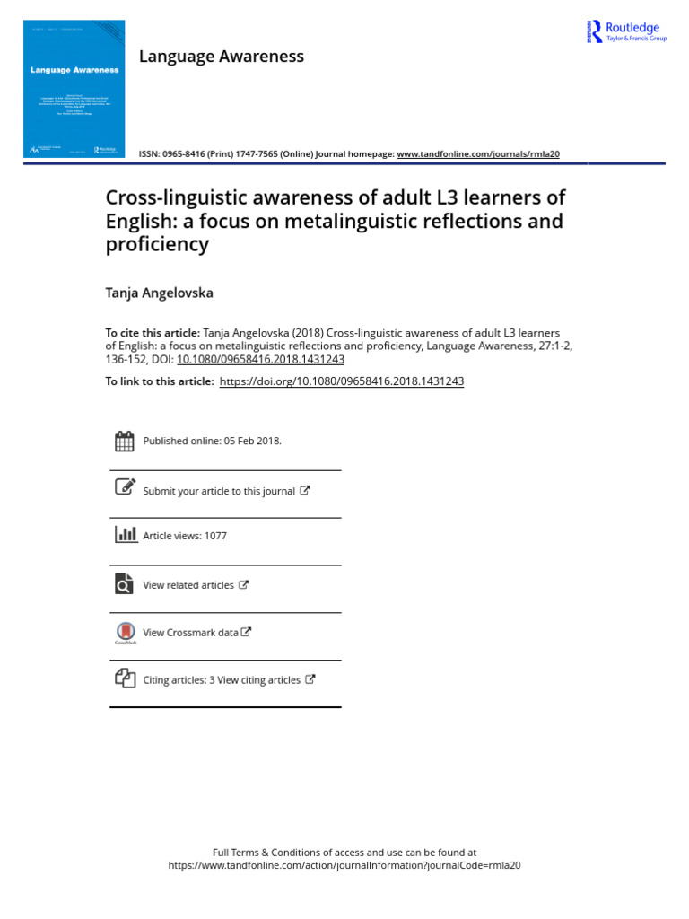 Cross-Linguistic Awareness of Adult L3 Learners of English A Focus On ...