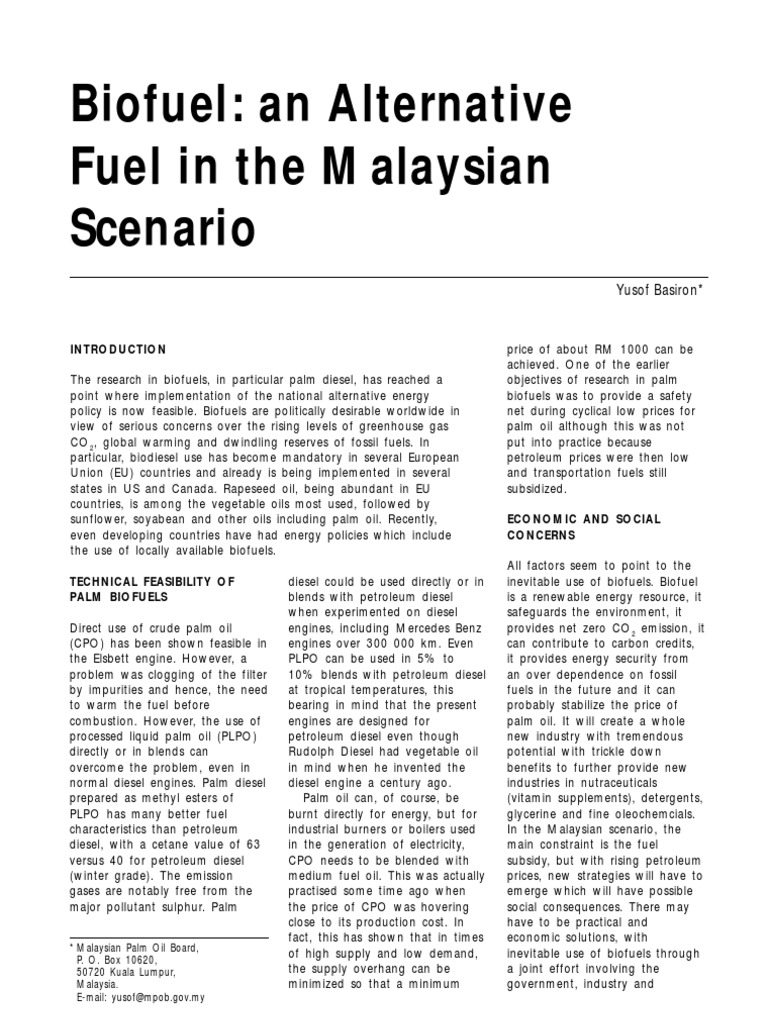 Biofuel An Alternative Fuel In The Malaysia Scenario Pdf Biofuel