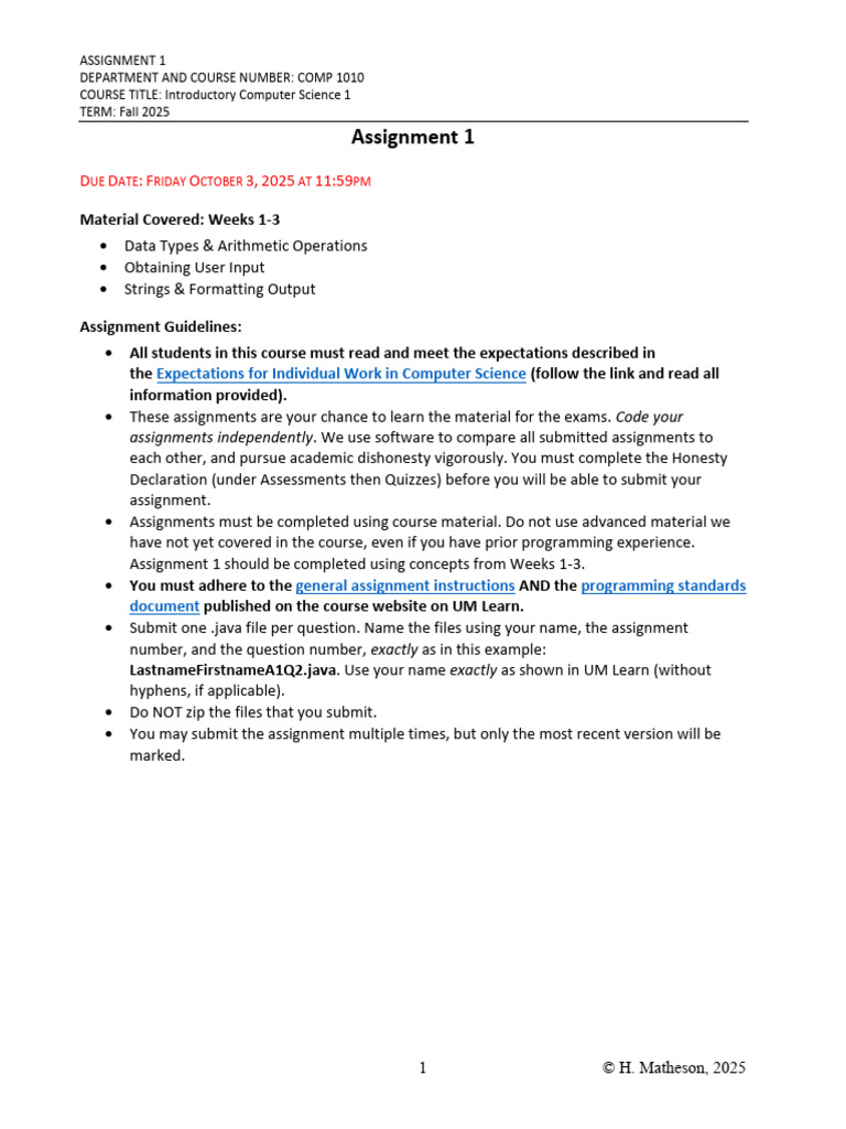 COMP 1010 Assignment 1 Guidelines | PDF | Computer Programming ...