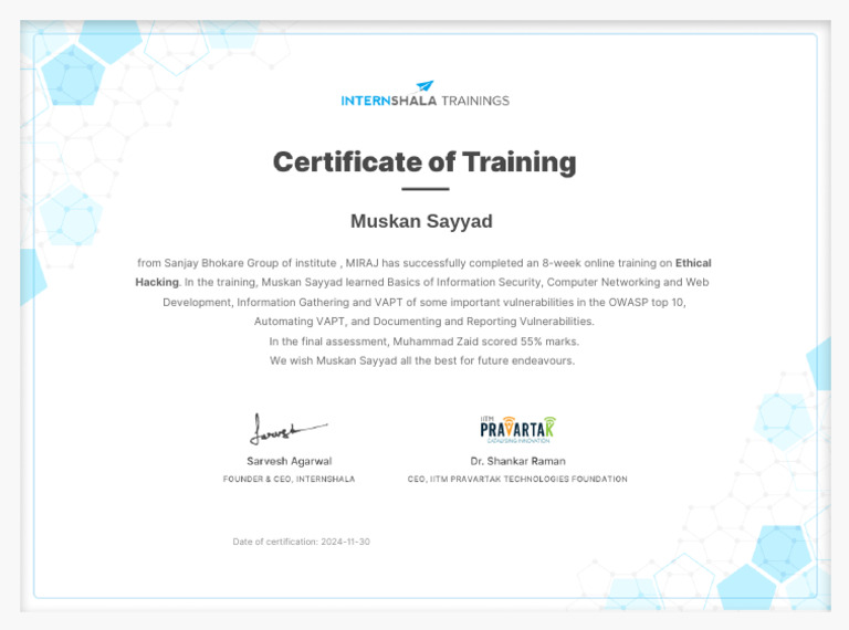 Ethical Hacking Training - Certificate of Completion | PDF