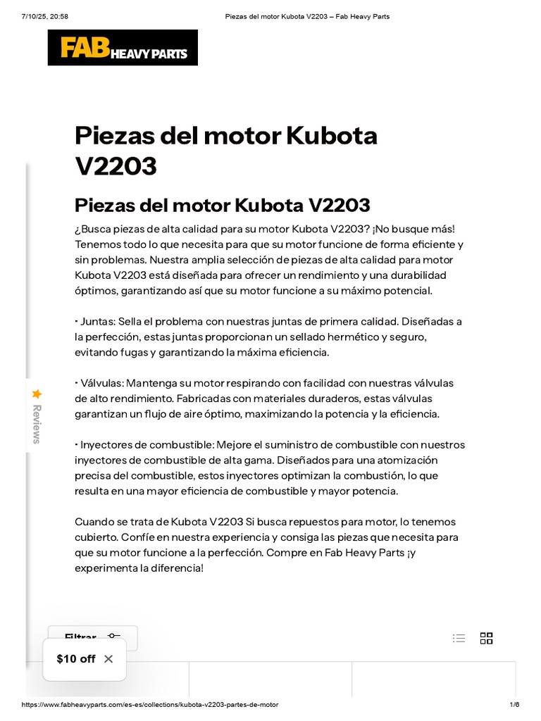 Piezas para motor Kubota V2203 | PDF | Inyección de combustible | Máquinas