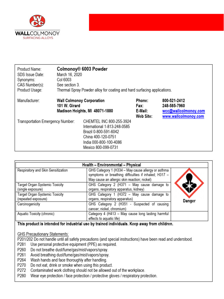 Colmonoy 6003 Powder Safety Data Sheet | PDF | Nickel | Toxicity