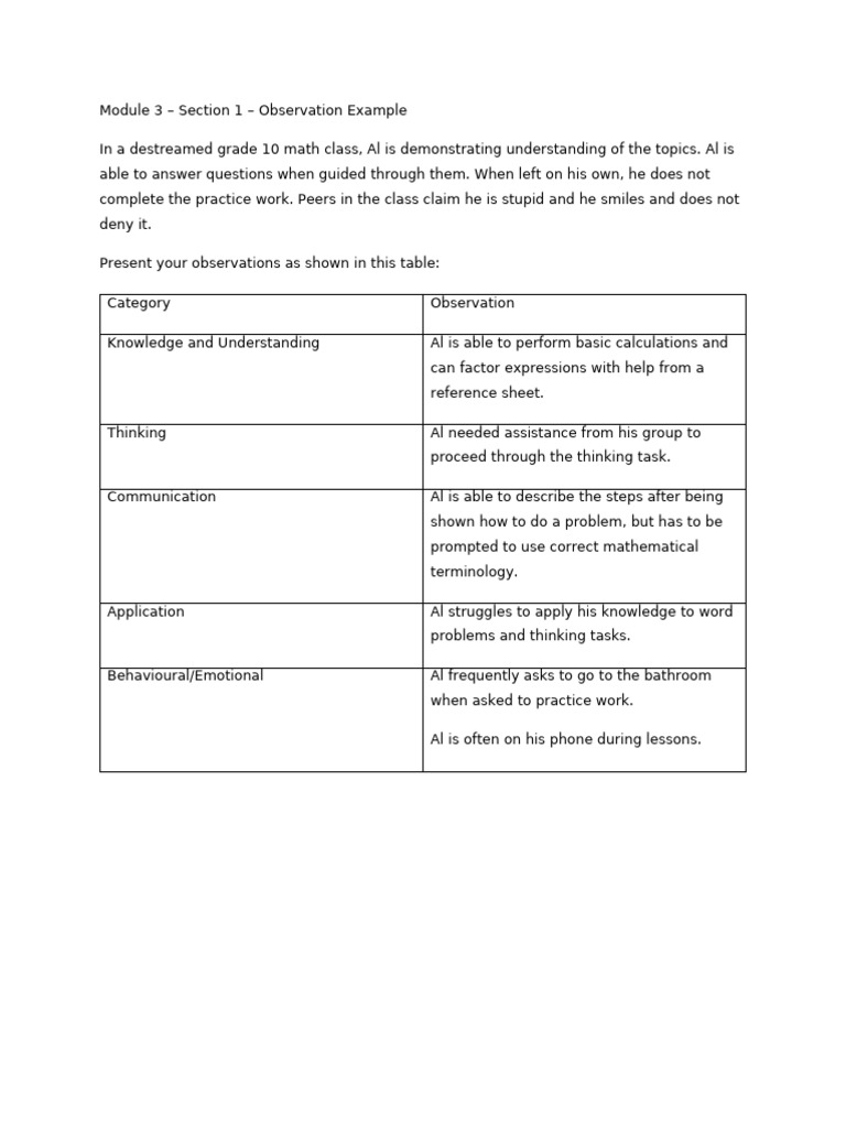 M3ObservationExampleFilled Out | PDF