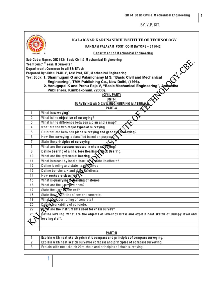GE2152 Basic Civil and Mechanical Engineering Question Bank PDF