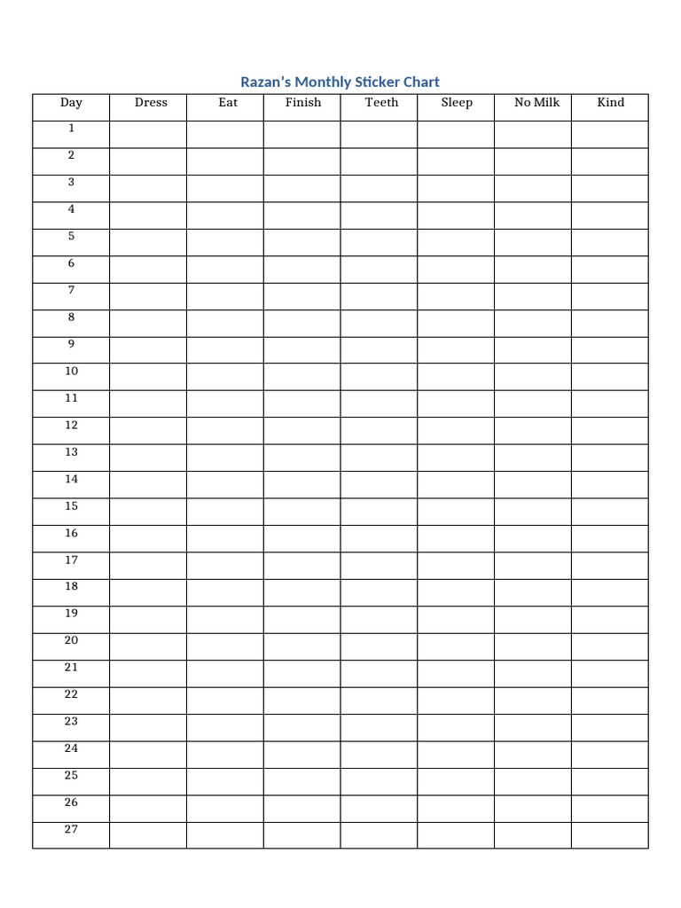 Razan Sticker Chart Spaced | PDF