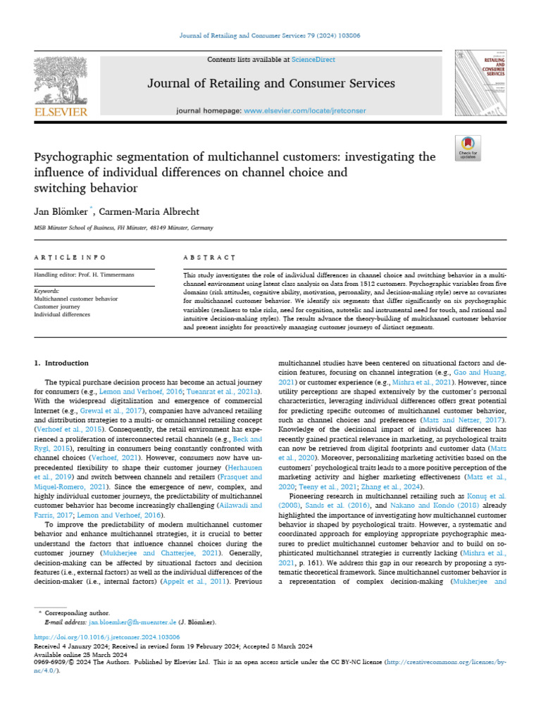 Psychographic Segmentation of Multichannel Customers I 2024 Journal of ...