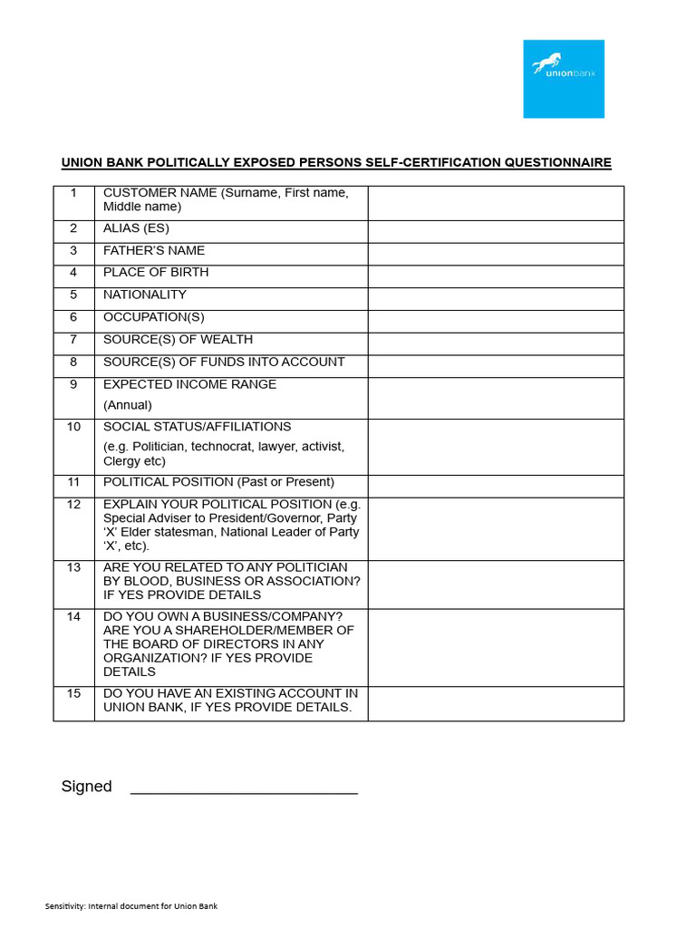 Union Bank PEP Self-Certification Form | PDF