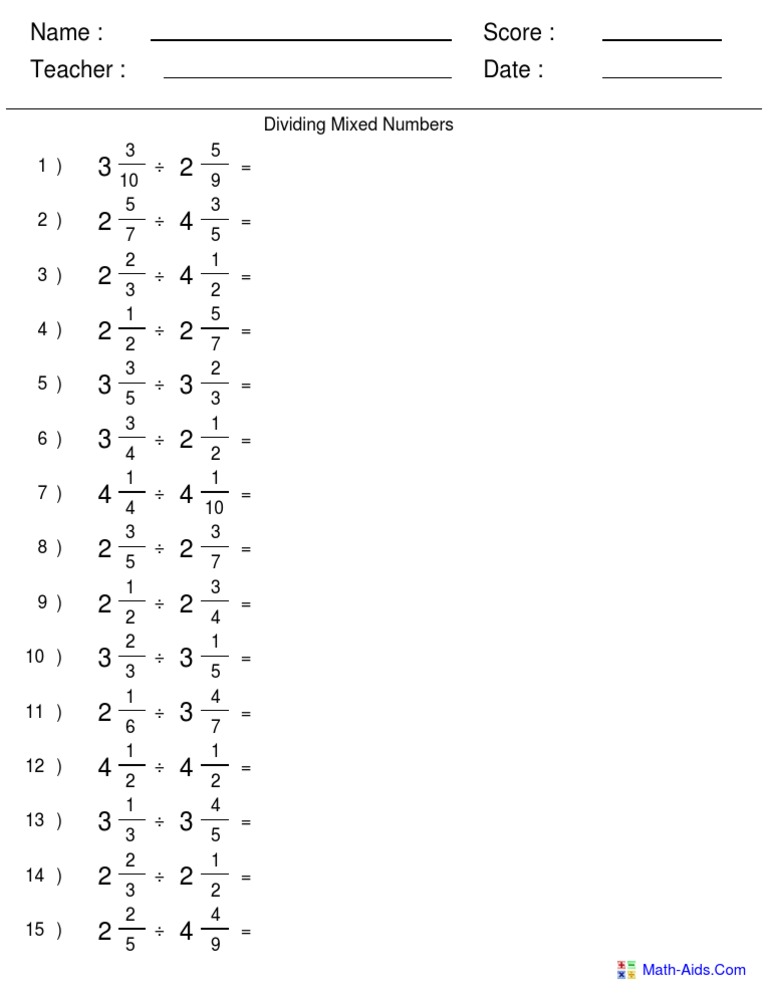 Dividing Mixed Numbers Worksheet | PDF