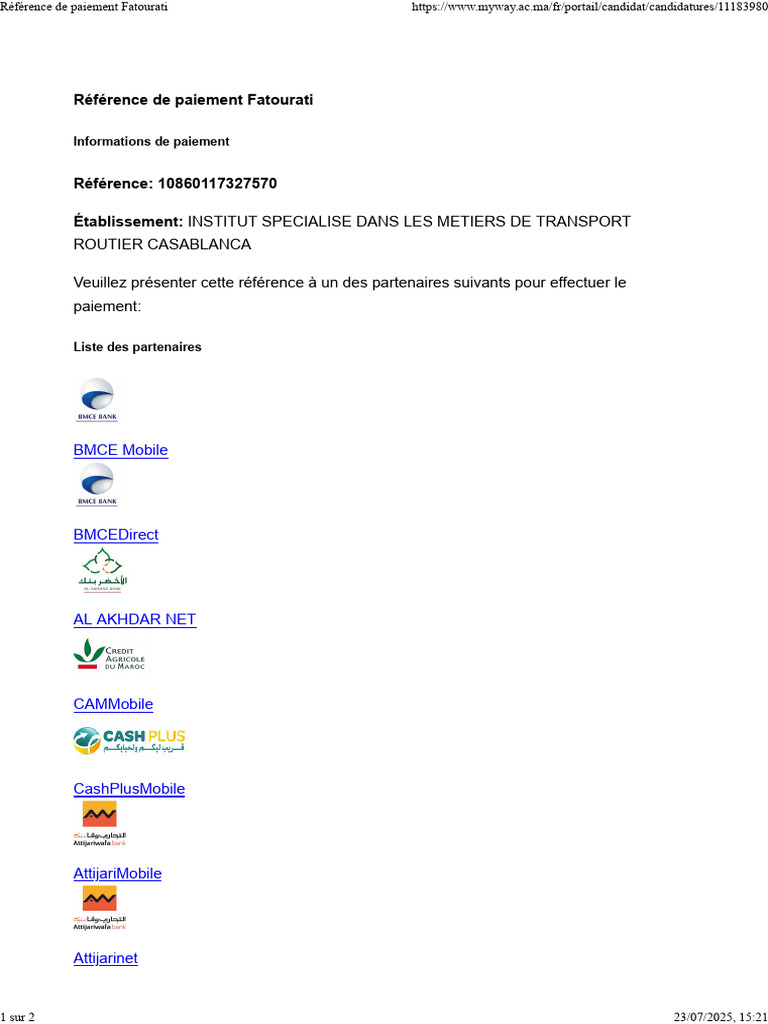 Référence de paiement Fatourati 10860117327570 | PDF