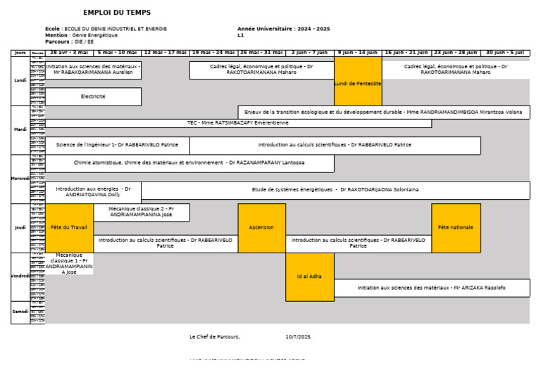 Emploi du temps L1 Génie Energétique 2024-2025 | PDF | Sciences physiques