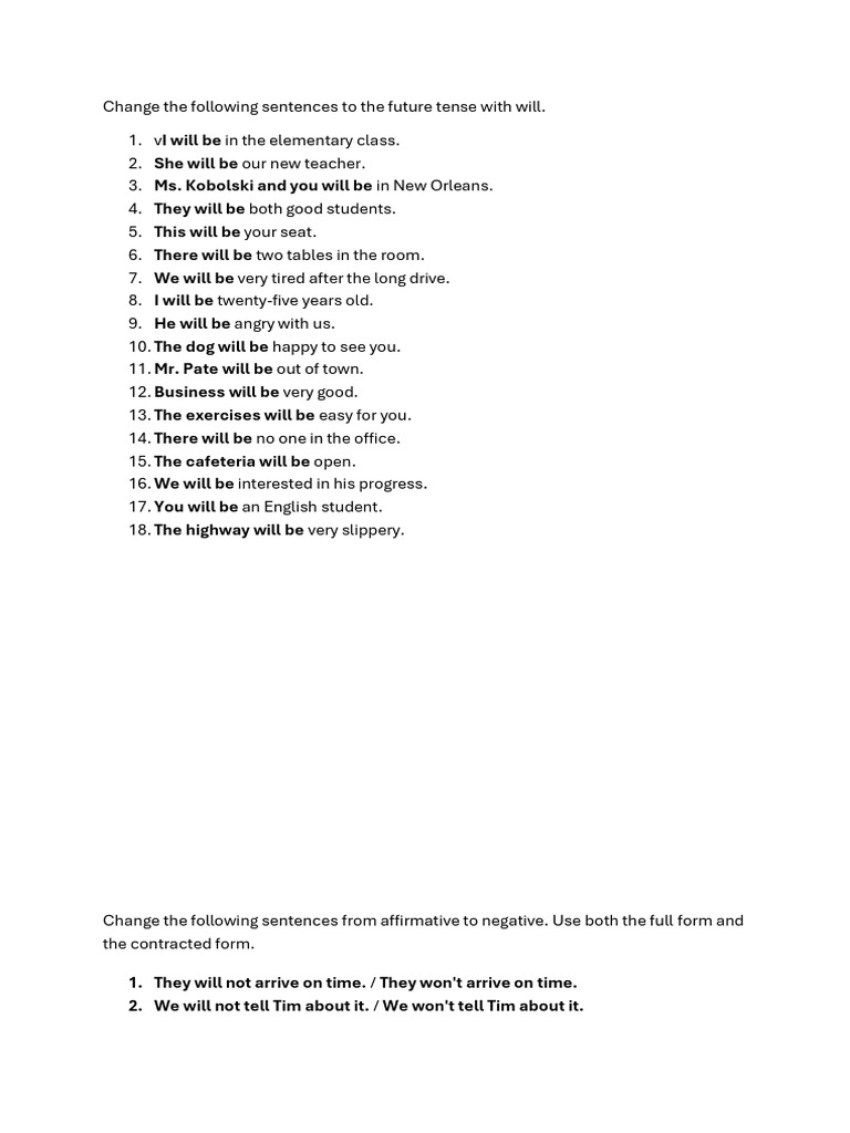 Change The Following Sentences To The Future Tense With Will | PDF ...