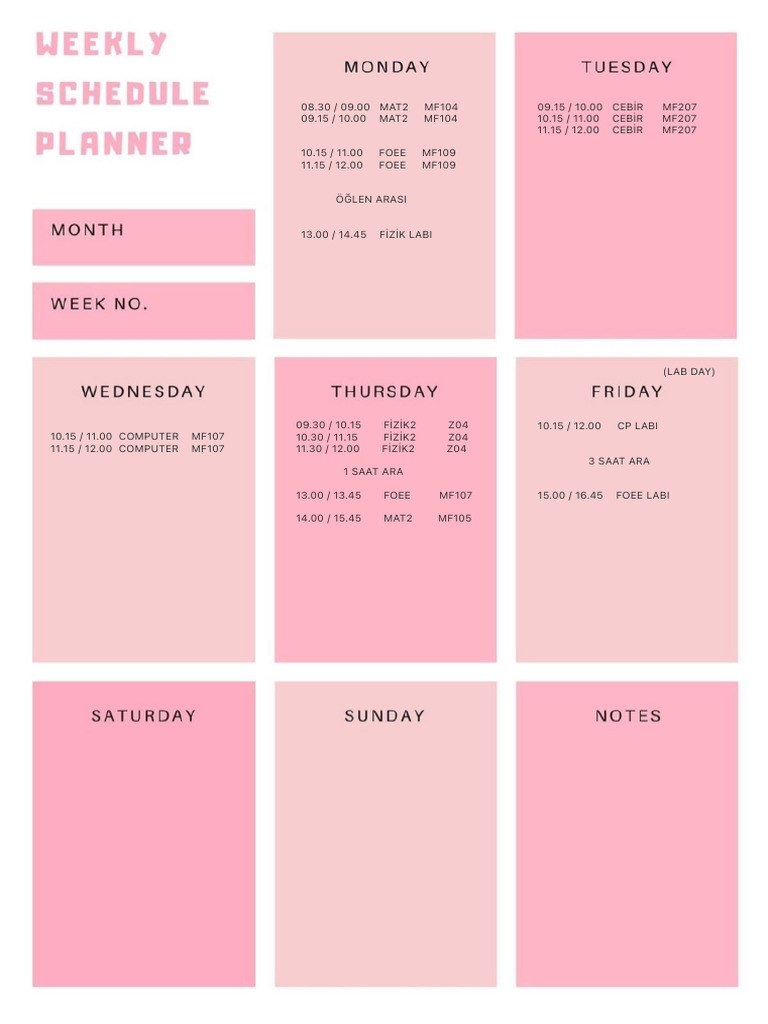 Weekly Class Schedule Overview | PDF