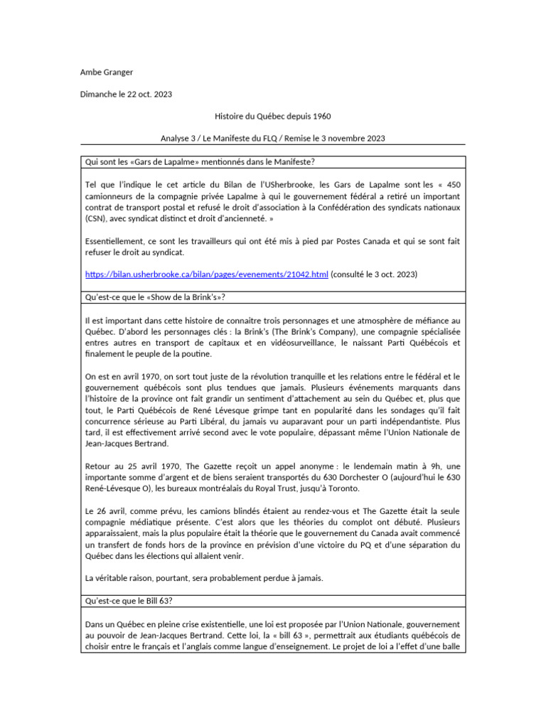 Analyse du Manifeste du FLQ | PDF | Québec | Politique du Canada