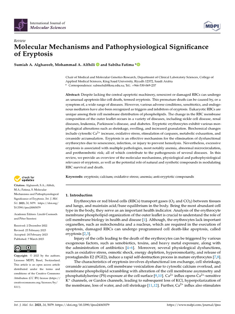 Molecular Mechanisms and Pathophysiological Significance of Eryptosis ...