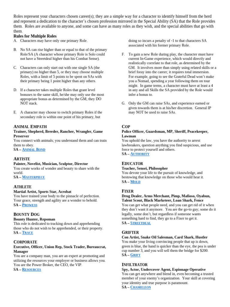 Character Roles and Special Abilities Guide | PDF | Public Speaking