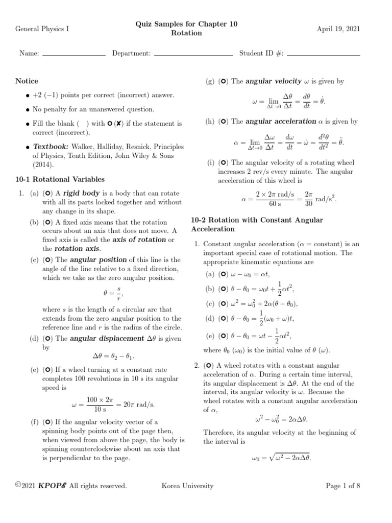 Physics Quiz: Chapter 10 Rotation | PDF | Rotation Around A Fixed Axis ...