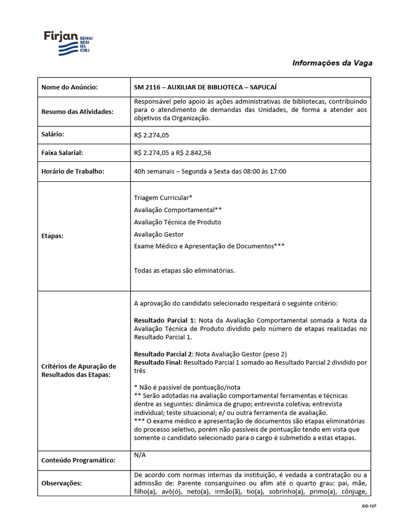 Vaga: Auxiliar de Biblioteca em Sapucaí | PDF