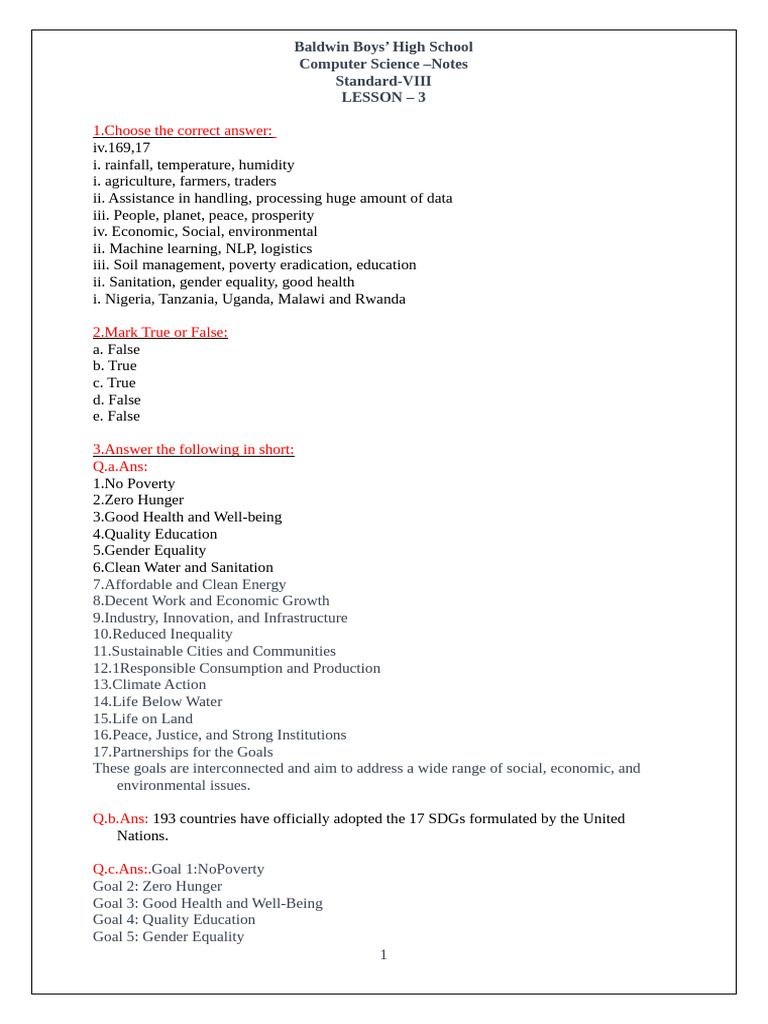 Computer Science Notes for SDGs - Grade 8 | PDF | Sustainability ...