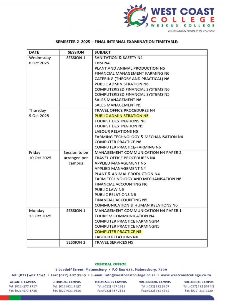 2025 Semester 2 Exam Timetable | PDF | Service Industries | Tourism