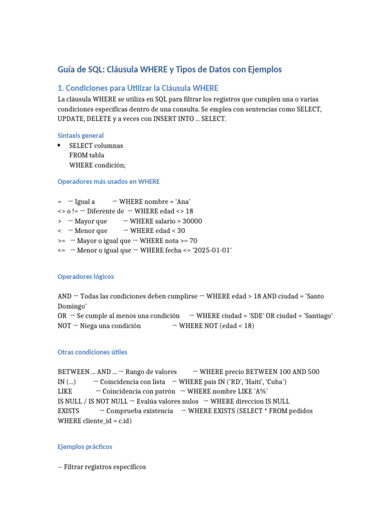 SQL: Cláusula WHERE y Tipos de Datos | PDF | SQL | Modelo de datos