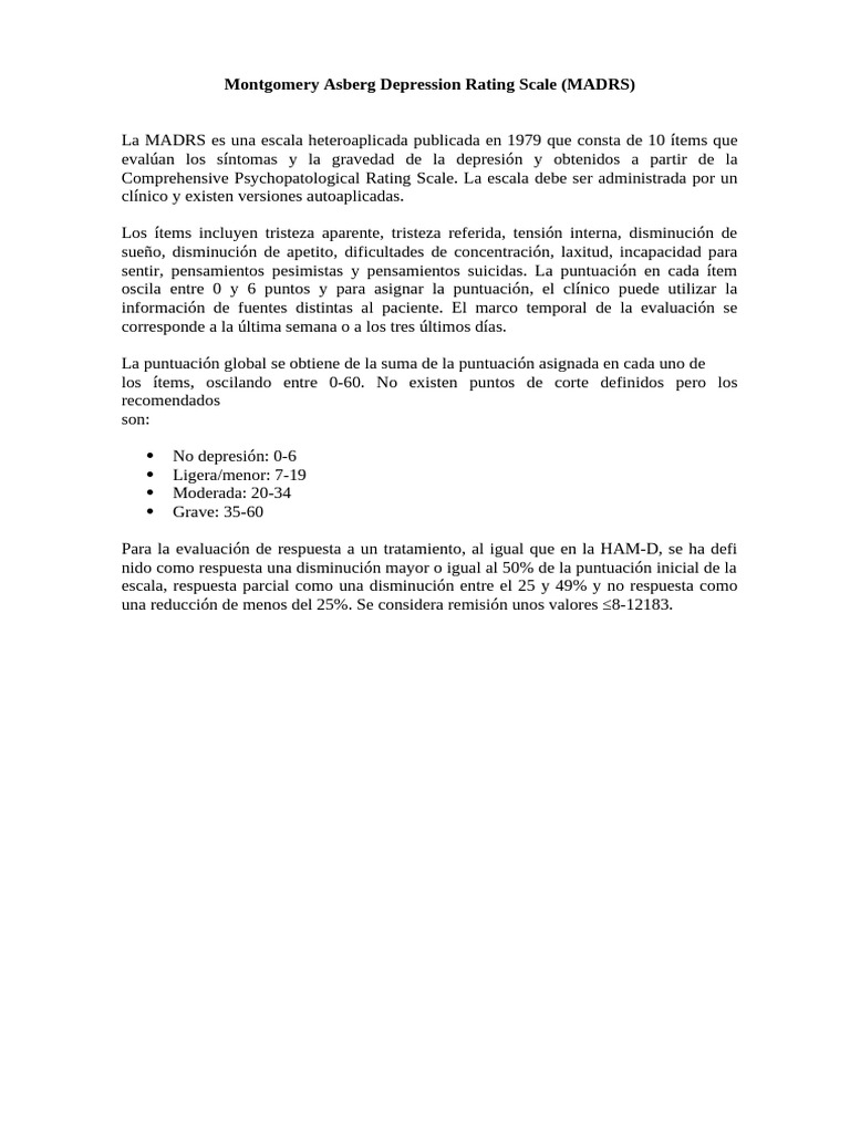 Escala MADRS para evaluar depresión | PDF | Depresión (estado de ánimo ...