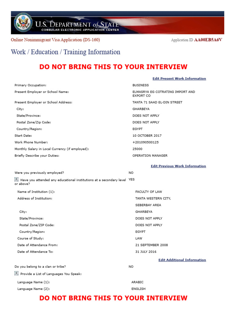 Nonimmigrant Visa - Review Work - Education Information1 | PDF