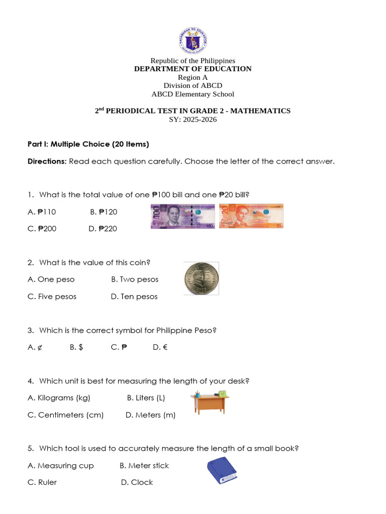 Grade 2 Math 2nd Periodical Test | PDF | Mathematics