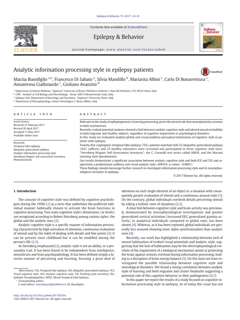 Analytic Information Processing Style in Epilepsy Patients | PDF ...