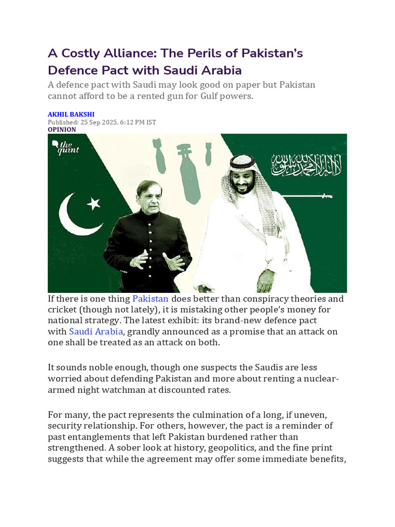 A Costly Alliance - The Perils of Pakistan's Defence Pact With Saudi