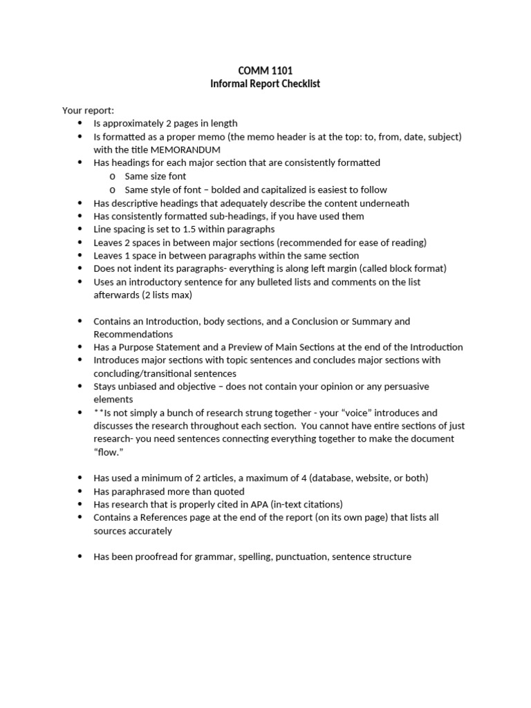 Informal Report Writing Checklist | PDF