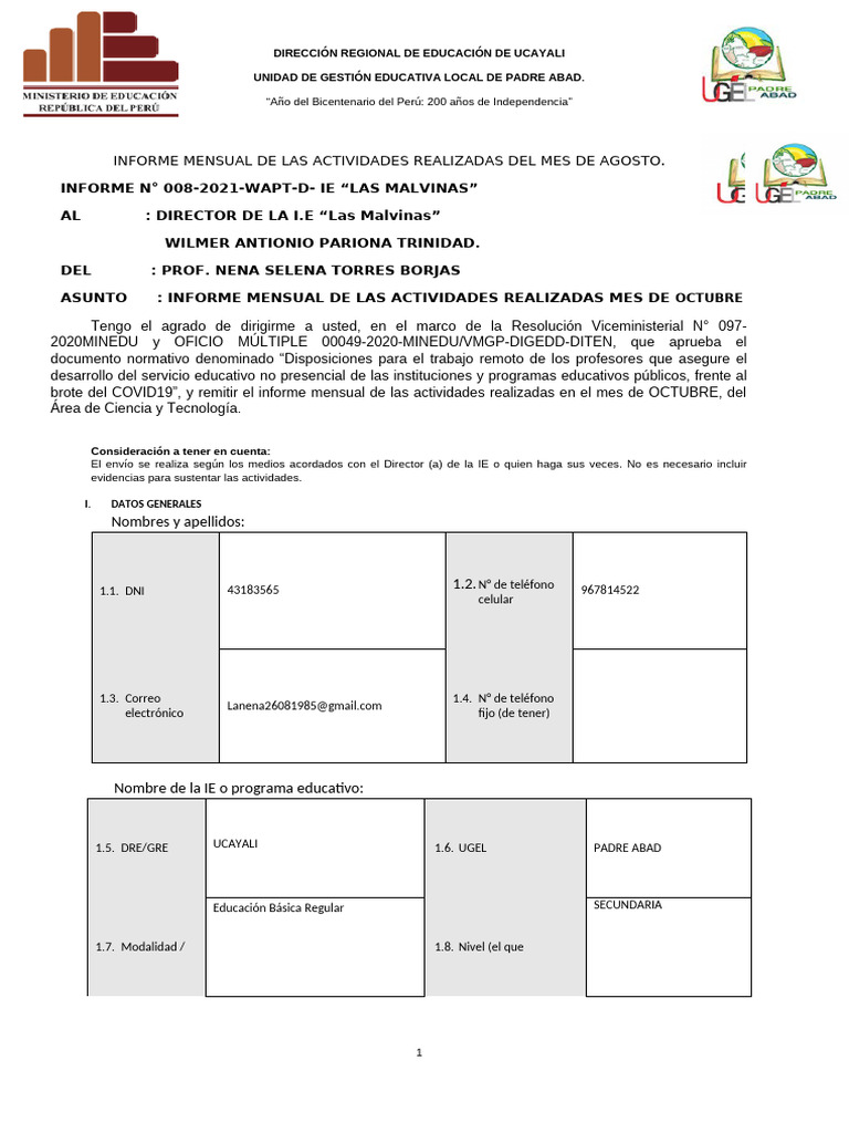 Informe de Actividades de Octubre 2021 | PDF | Aprendizaje | Videotelefonía