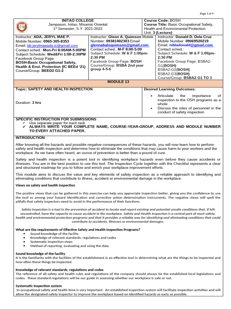 Module 13 14 Bosh Final | PDF | Occupational Safety And Health | Safety